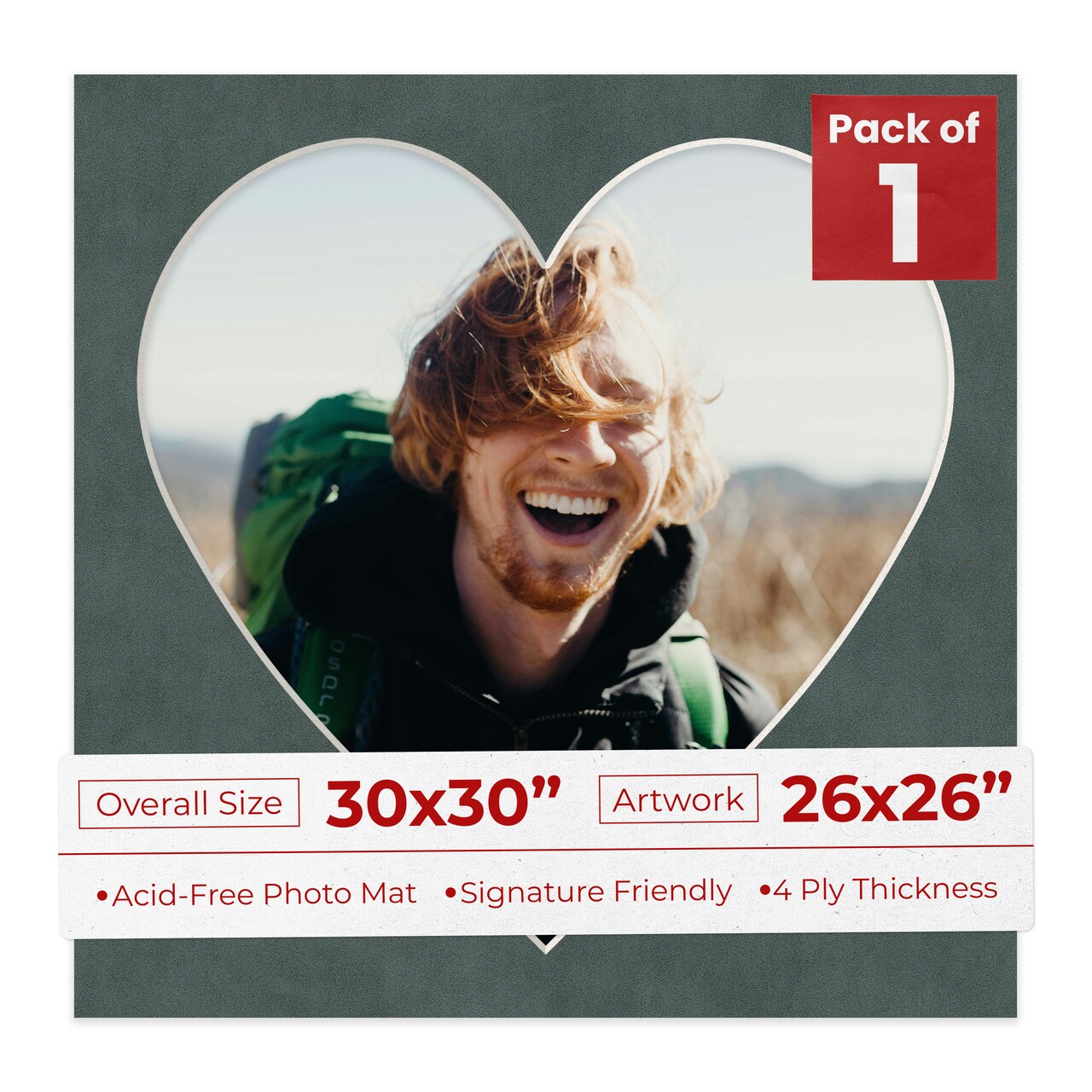 Dark Grey Suede Mat Board for 30x30 Frames - Heart Opening for 26x26 Photos